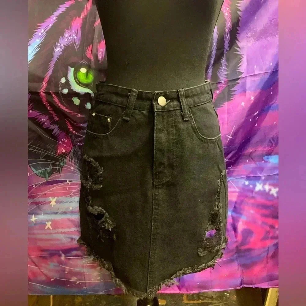 Black, distressed, mini skirt